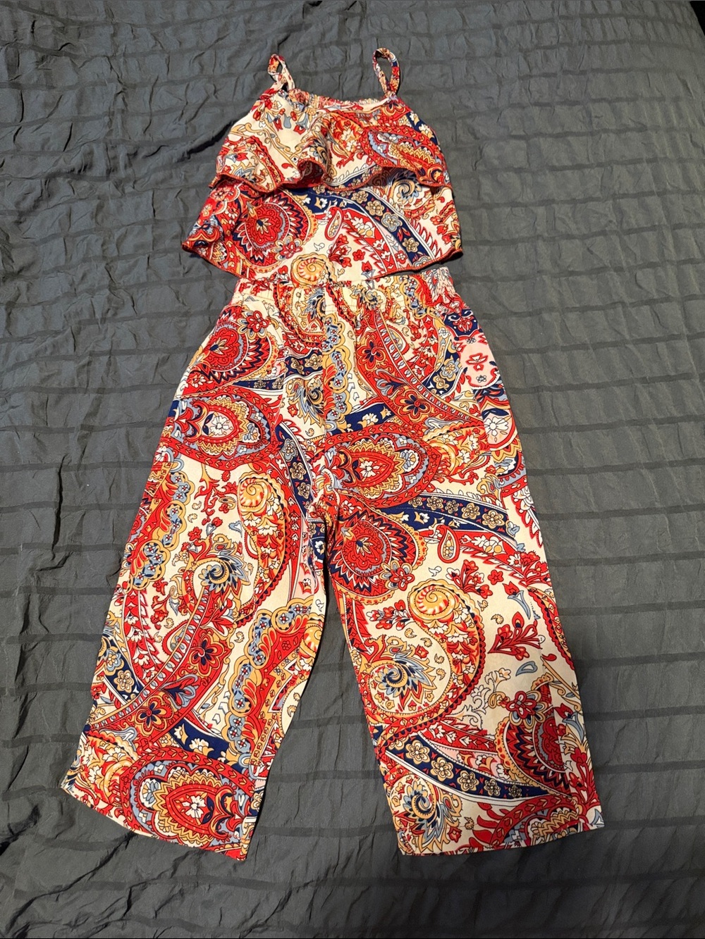 Girls Paisley Print Wide-Leg Jumpsuit - Red Multi